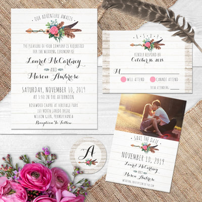 Adventure awaits! Plan a charming rustic wedding with trendy bohemian flair. Free-spirited feathers and natural rose accents on a romantic watercolor arrow pair perfectly with a whitewashed wood background. Celebrate romance with elegant contemporary styling!
