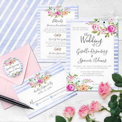 Timeless vintage roses in shabby watercolor style - a fresh, on-trend wedding design for your special celebration! Stylish navy blue stripes, dreamy floral accents, romantic script. Elegantly unique, with a hint of rustic farmhouse chic.