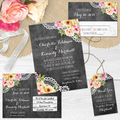 Shabby rustic roses in watercolor styling. Dusty farmhouse chalkboard contrast background. This elegant wedding design is perfect for a stylish country ceremony and celebration!