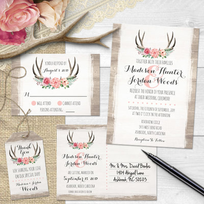 Rustic country inspiration meets woodsy feminine warmth! This wedding design suite features realistic wood grain background and shabby vintage roses on natural deer antlers. It's a beautifully romantic and on-trend motif for your special day.