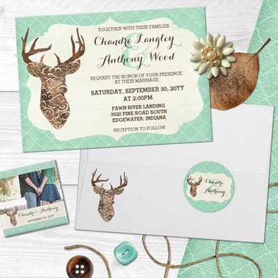 Embrace the majestic spirit of nature! This timeless wedding theme features artistic watercolor styling on an elegant deer silhouette with fine quatrefoil pattern accents. A trendy way to bring rustic woodland charm to your country-styled ceremony!