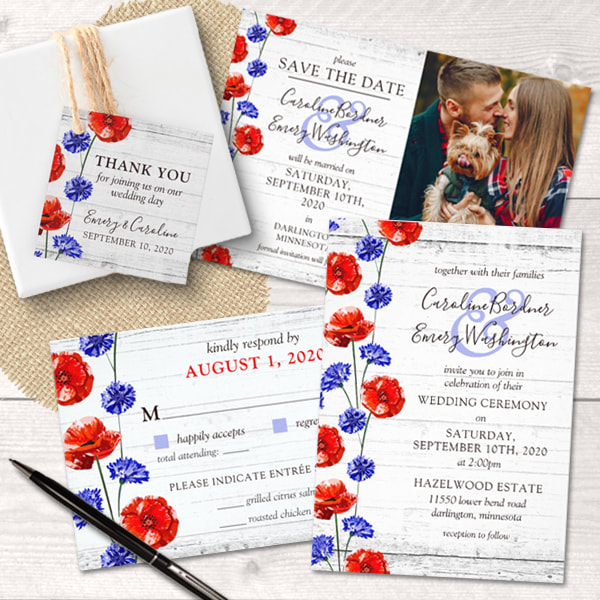 Gorgeous, vibrant red poppies and pretty blue cornflowers offer an energetic pop of color on rustic whitewash wood background. This modern-meets-farmhouse styled design is full of wildflower charm for the romantic country wedding!
