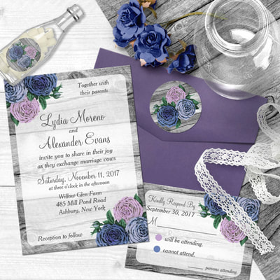 Vintage roses, rustic barn wood. Your charming country wedding awaits! Celebrate that special day with the timeless elegance of farmhouse styling! This design features photo-realistic weathered wood texture and vintage illustrations in a trendy, dramatic color palette.