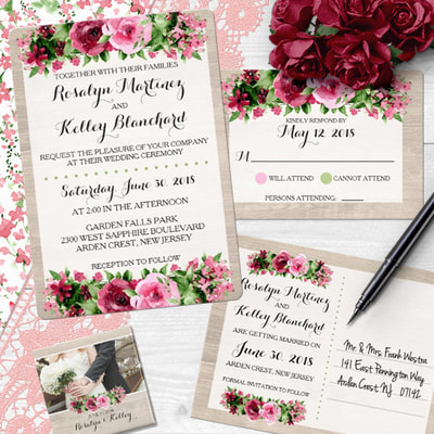 Elegantly rustic, with stylized watercolor roses in bold red and pink. This wedding design suite features subtle wood grain to add just a touch of vintage to a beautifully romantic theme for your special day.