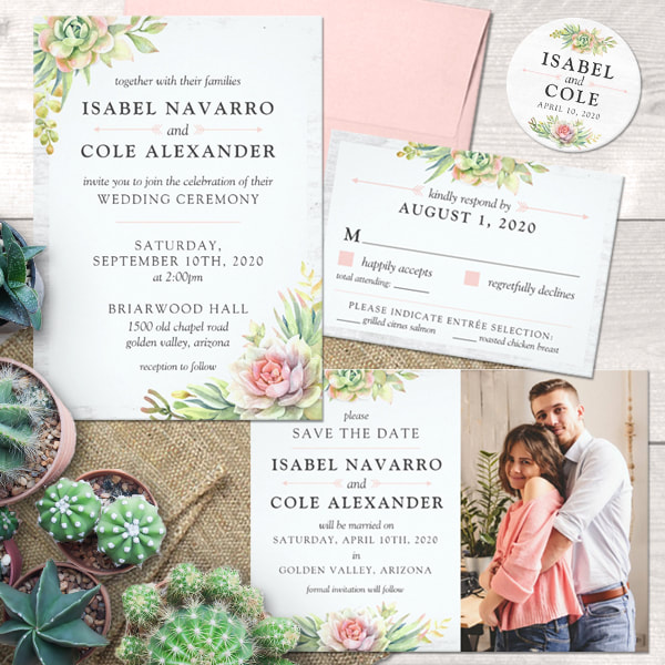 Fresh, breezy watercolor succulents on light rustic wood - the perfect theme for a contemporary southwestern wedding! Lush botanical elements are presented in airy pastels, with hints of blush pink and coral creating soft warmth and graceful desert charm for your special celebration!