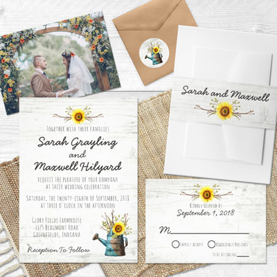 Rustic country wedding... farmhouse style! Sweet vintage watercolor art with natural branches, cotton buds and vivid yellow sunflowers on light wood - it's a down-home contemporary design with plenty of warmth and charm for that special day.