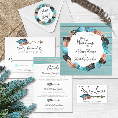 Style your contemporary wedding with elegantly rustic bohemian flair! Fancy feathers and swift arrow elements are on-trend, yet timeless. Bold turquoise blue pairs gracefully with neutral tones in modern watercolor style.